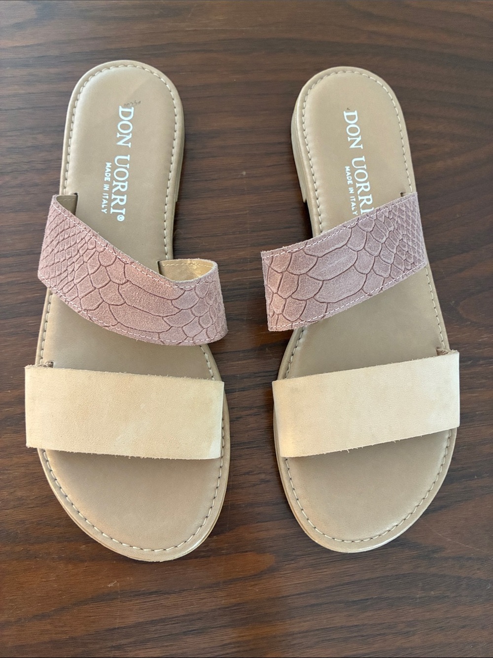 Women's Two-Band Slide Sandals in Taupe and Dusty Pink